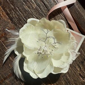 Bridal Hair Comb by Twigs & Honey, Ivory flower with Pearls, crystals, feathers